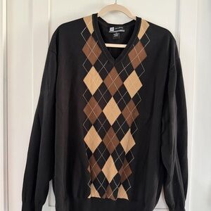Jos. A. Bank Black and Brown Argyle V-Neck Sweater XXL Pina Cotton